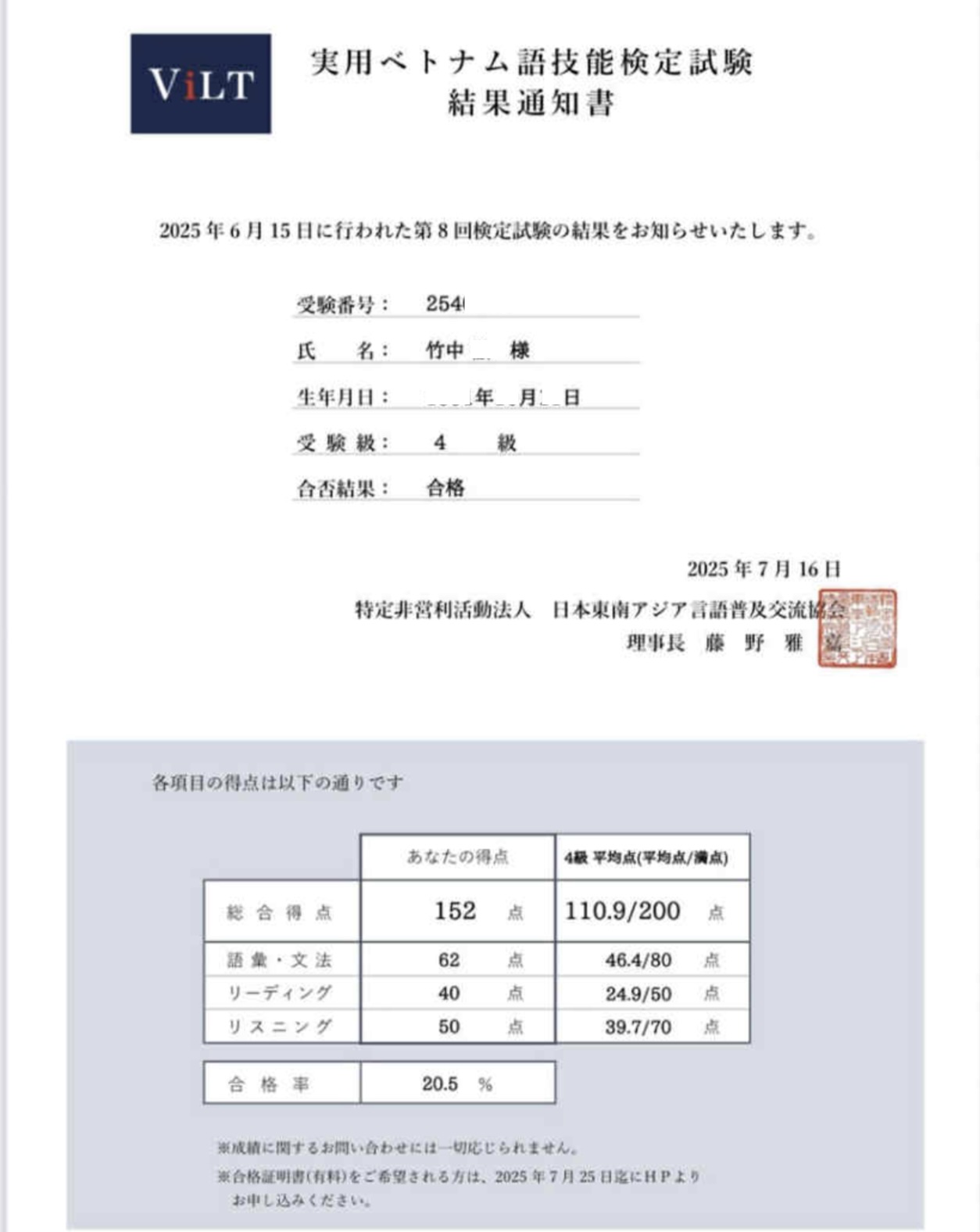 4級 合格証明書