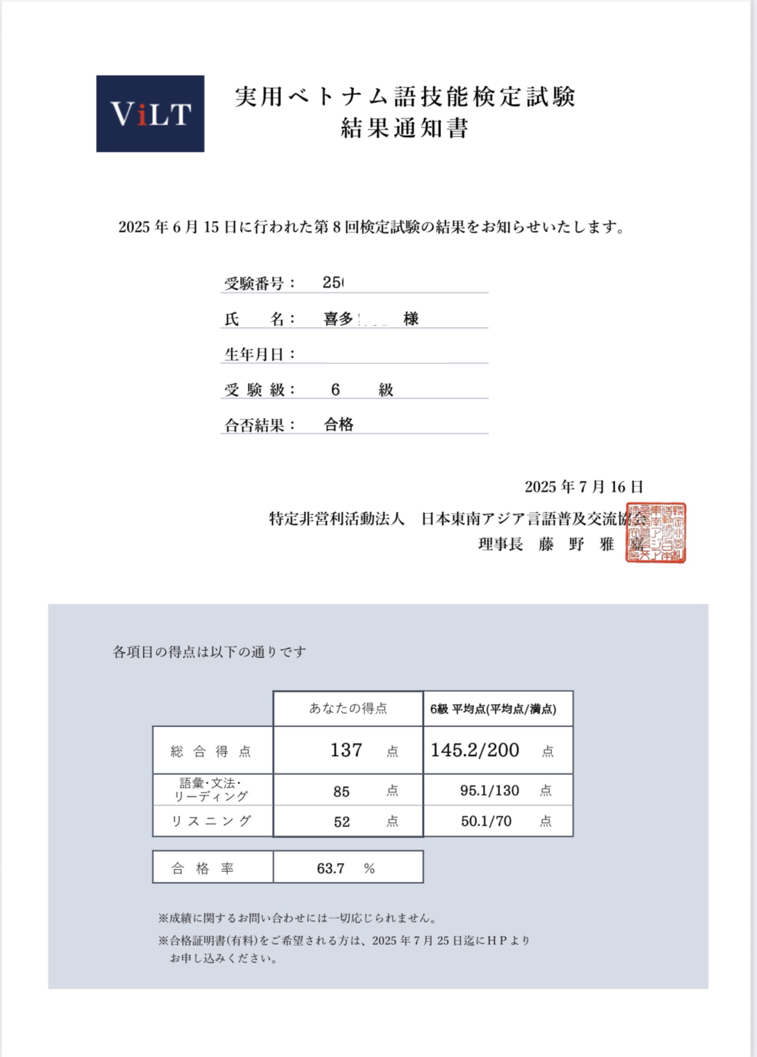 6級 合格証明書