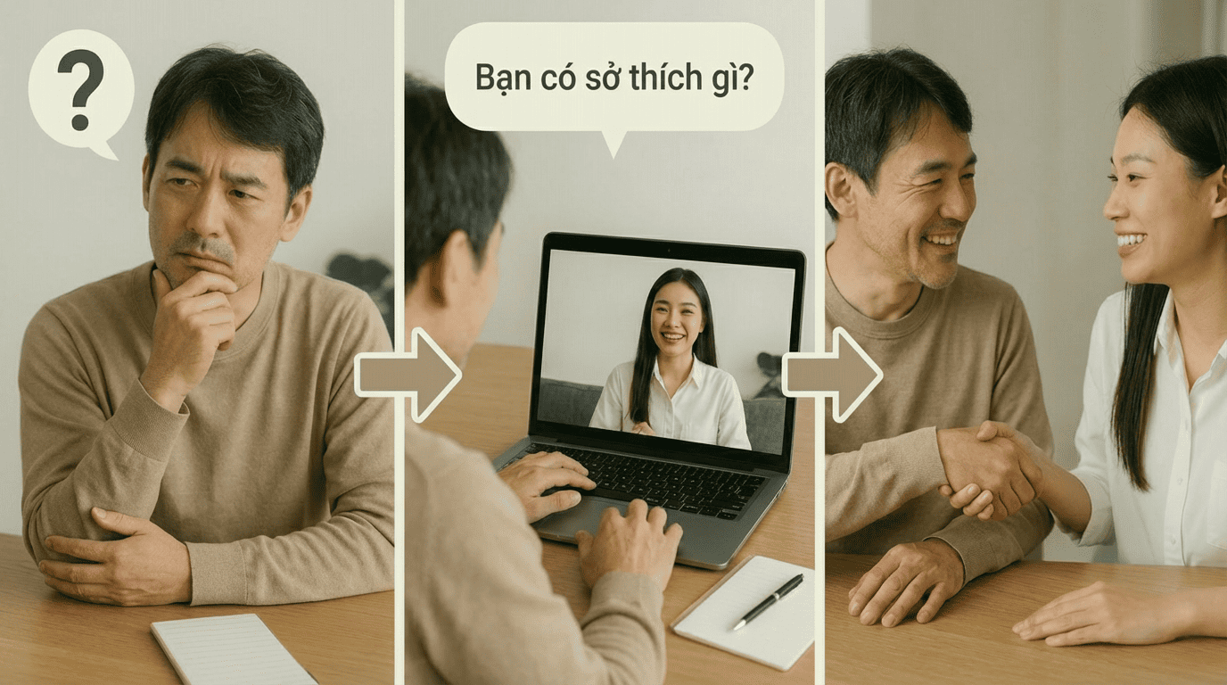 近所や職場のベトナム人と雑談するイメージ