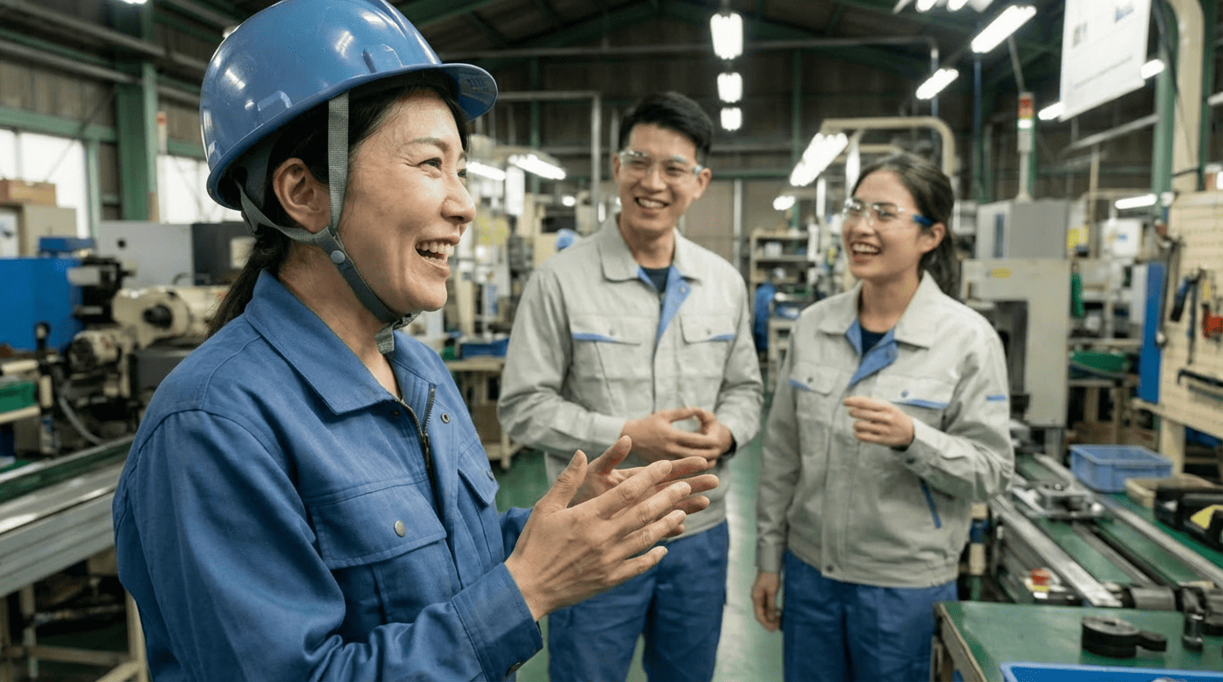 業務の指示や報告について相談する日本人とベトナム人スタッフ