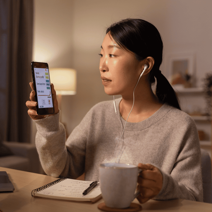 スマホと教材で音声を聞きながら学習している様子