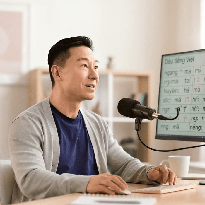 マイクに向かって発音練習に集中している様子