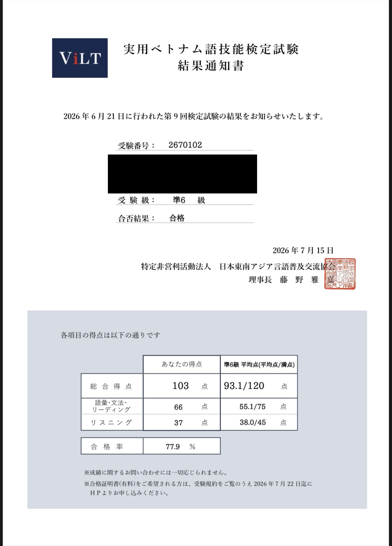 準6級 合格証