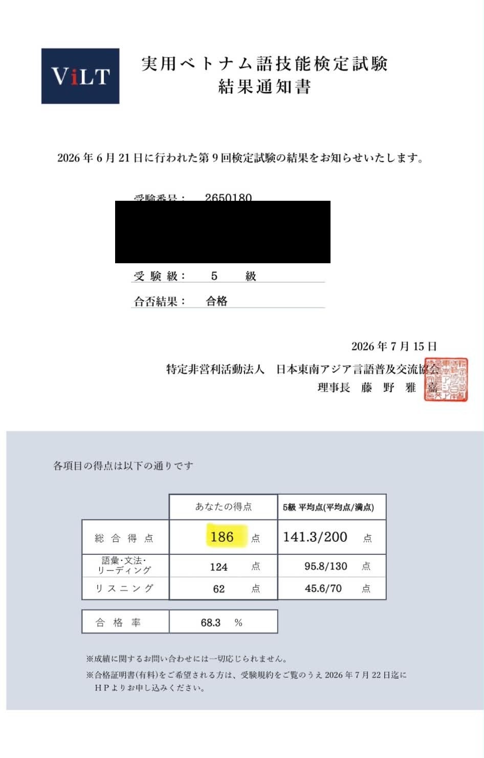 Emori様 5級合格証明書