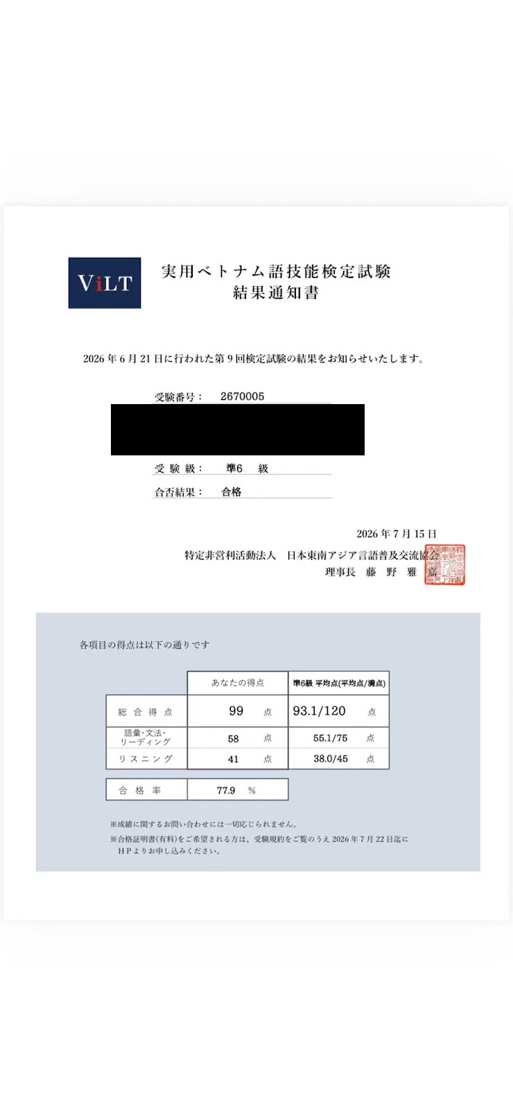 米田様 準6級合格証明書