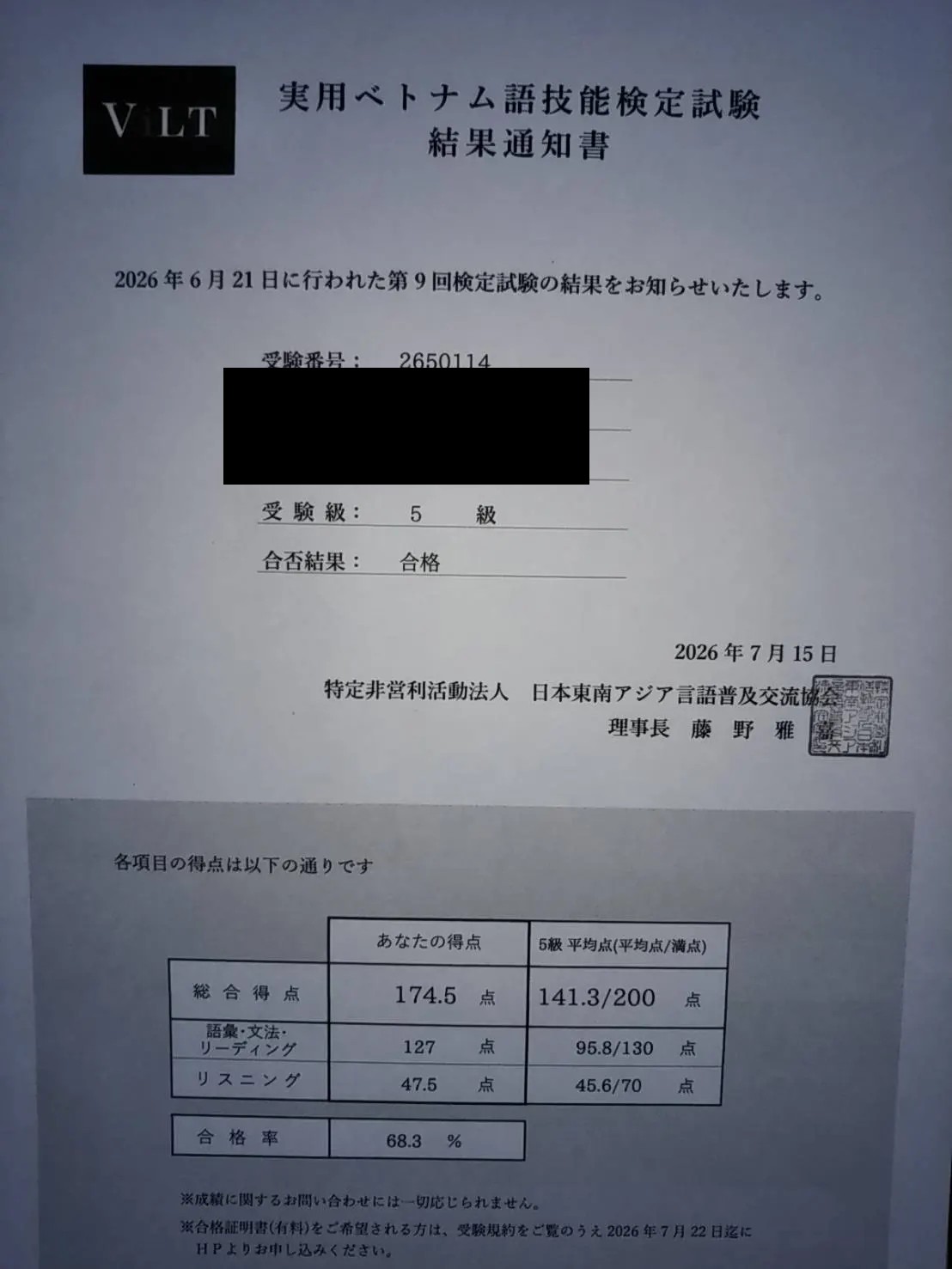 栗坂様 5級合格証明書